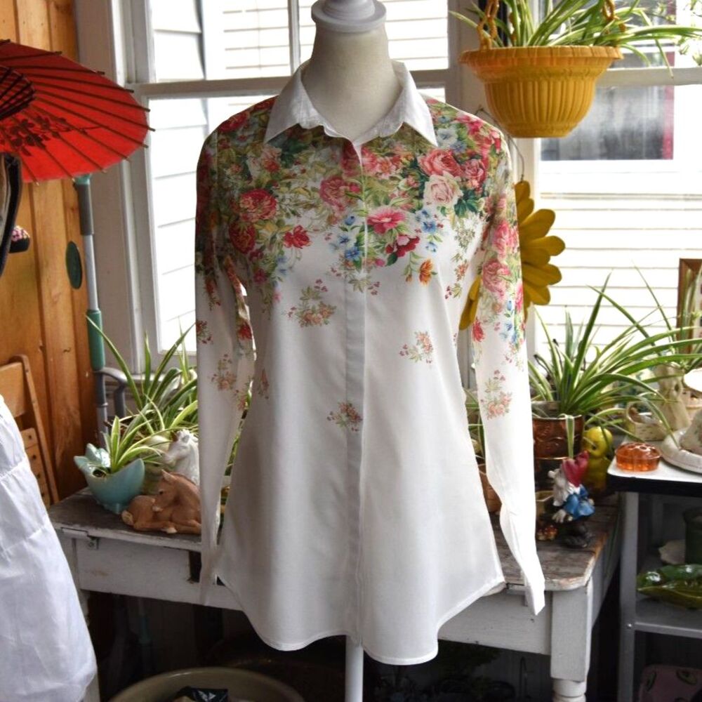 Saloon Womens M Floral Blouse White Pink Rose Long Sleeve Collared Button Front